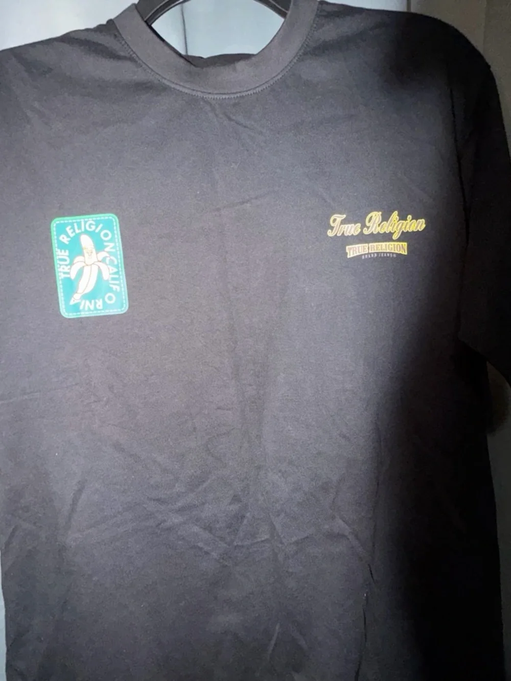 3pk!True Religion Black Tee with Yellow Logo and Orange Fruit Graphic